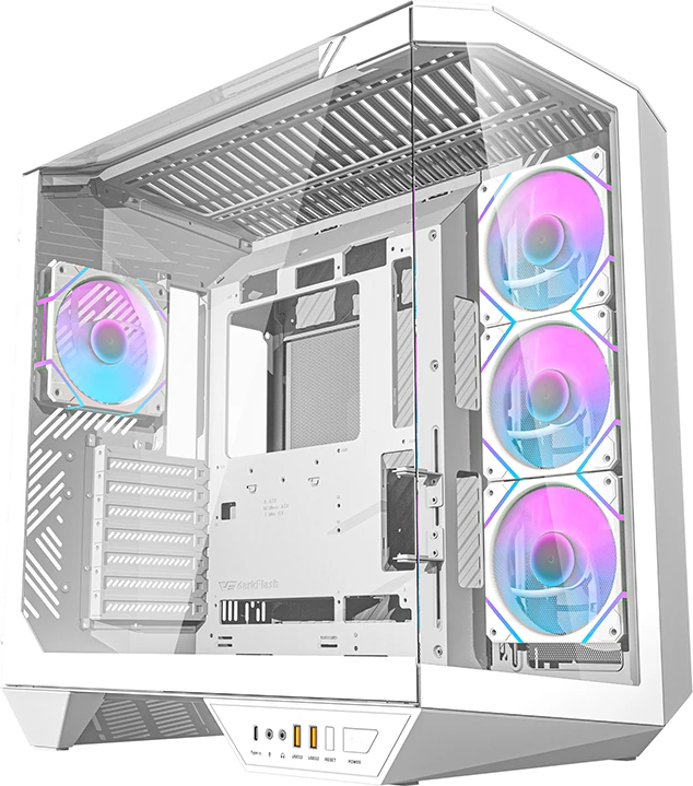 Kasë Darkflash DY470 me 4 ventilatorë ARGB dhe mbajtëse GPU, e bardhë