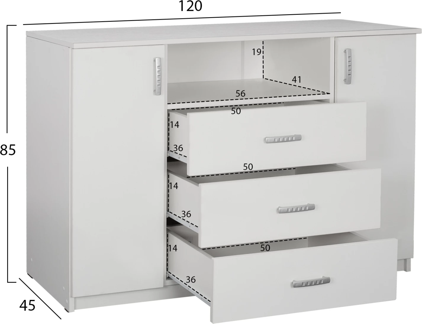 Bufe me 2 dollapë dhe 3 sirtarë, i bardhë, FH2430.03, 120x45x85 cm