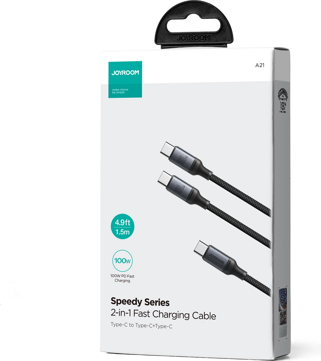 Kabllo karikimi Joyroom Speedy Series S-A21, 2in1 USB-C në USB-C/USB-C, 100W, 1.5m, e zezë