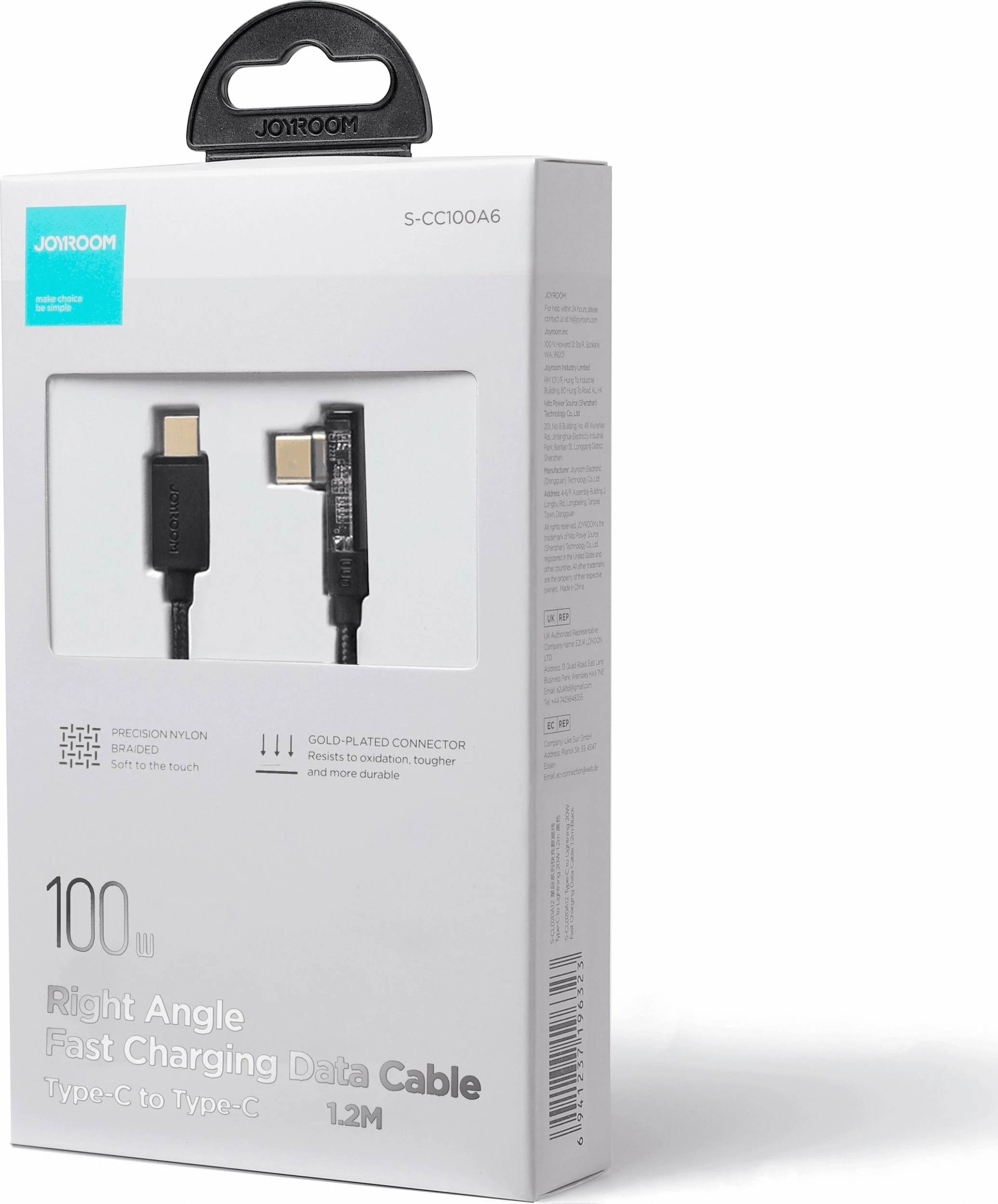 Kabllo USB-C në USB-C Joyroom S-CC100A6 1.2 m 100 W me prizë këndore, e zezë