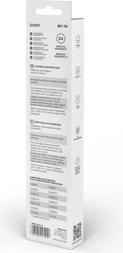 Kontrolli Universal SAVIO RC-14 për SMART TV, ngjyrë e zezë