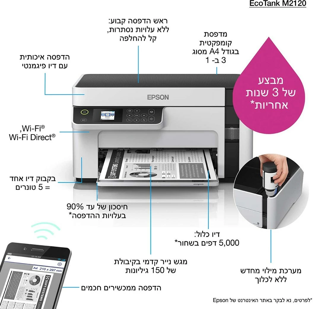 Printer Epson EcoTank M2120, Inkjet, Wi-Fi, Bardhë