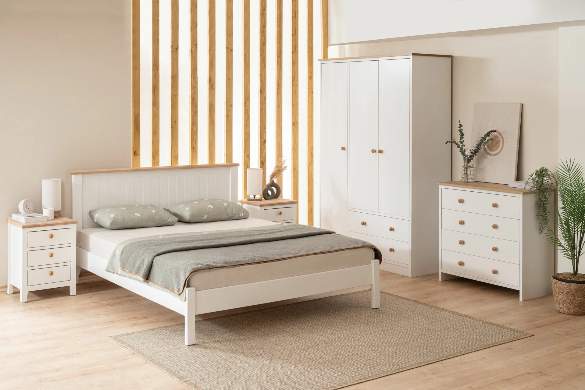 Kornizë dyshe krevati Hanah Home, stil modern country, e bardhë dhe lis, 120x200