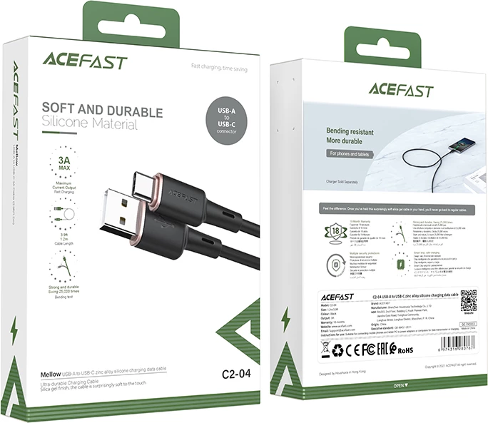 Kabllo Acefast C2-04, USB në USB Type-C, 1.2m, 3A, e zezë