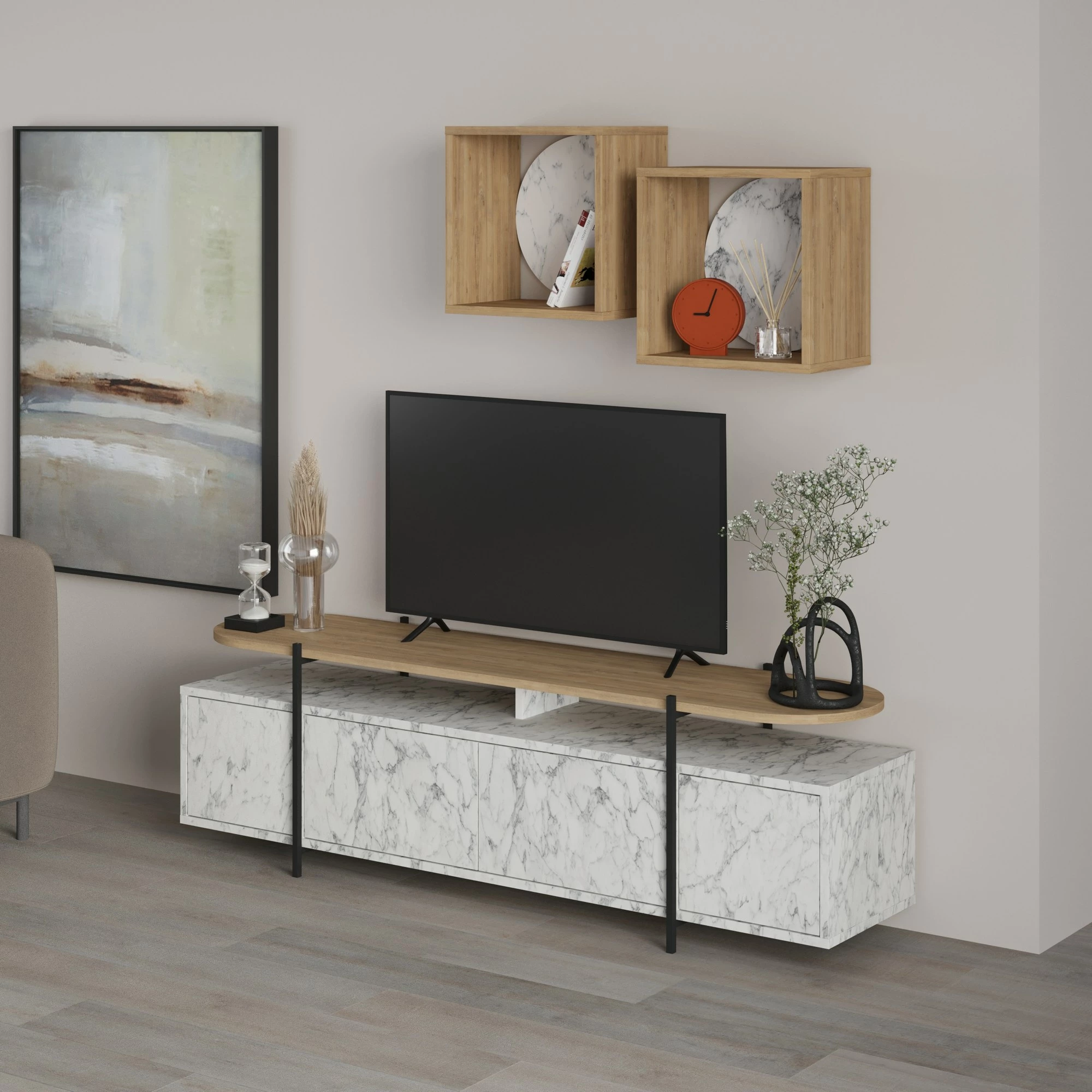 Komodë TV Skye Decor, Carrara, lisi, me rafte muri