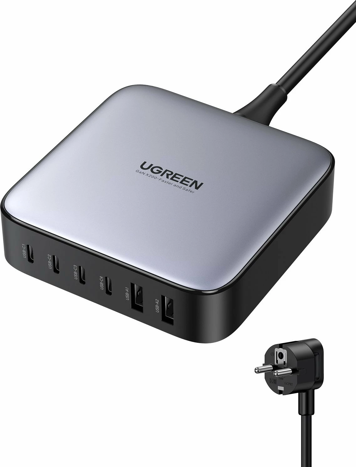 Karikues rrjeti Ugreen Nexode 40914 GaN 200W 2x USB-A + 4x USB-C, 5A, kabllo 2 m, zi/gri