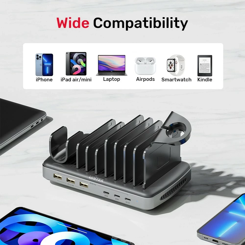 Stacion ngarkimi Unitek, 3 x USB-A 20W, 3 x USB-C PD 60W, 80W, e zezë