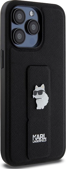 Mbështjellës Karl Lagerfeld Gripstand Saffiano Choupette Pins për iPhone 13 Pro Max, i zi