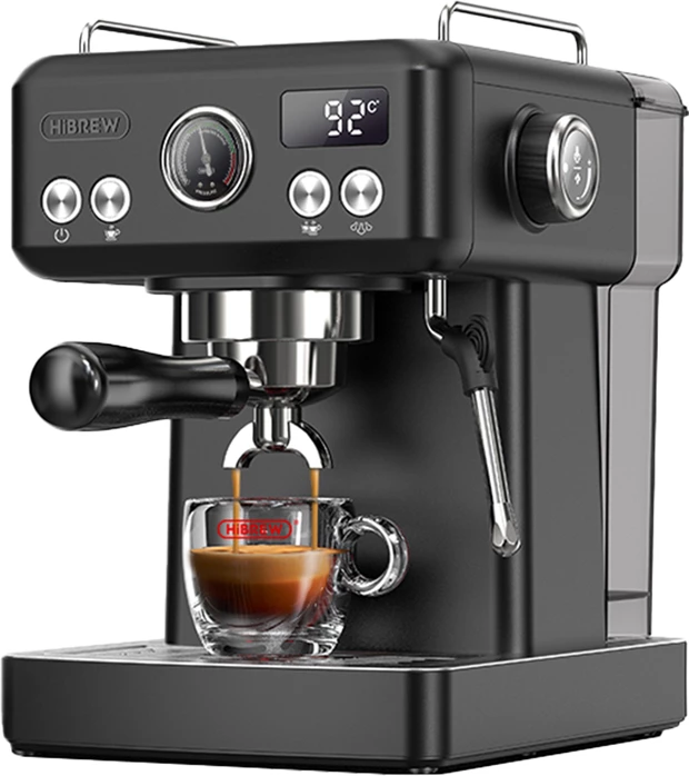 makinë espresso portafilter, HiBREW H10A, 19 bar, kontroll temperature 90–95°C + modalitet 25°C cold brew, Thermoblock, portafilter 58 mm, rezervuar 1.8 l, e zezë