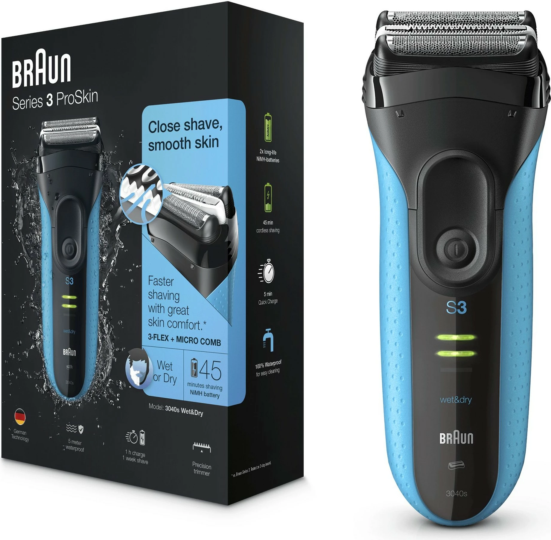Makinë rroje Braun Series 3 3040s ProSkin, Wet & Dry, NiMH, e zezë/blu