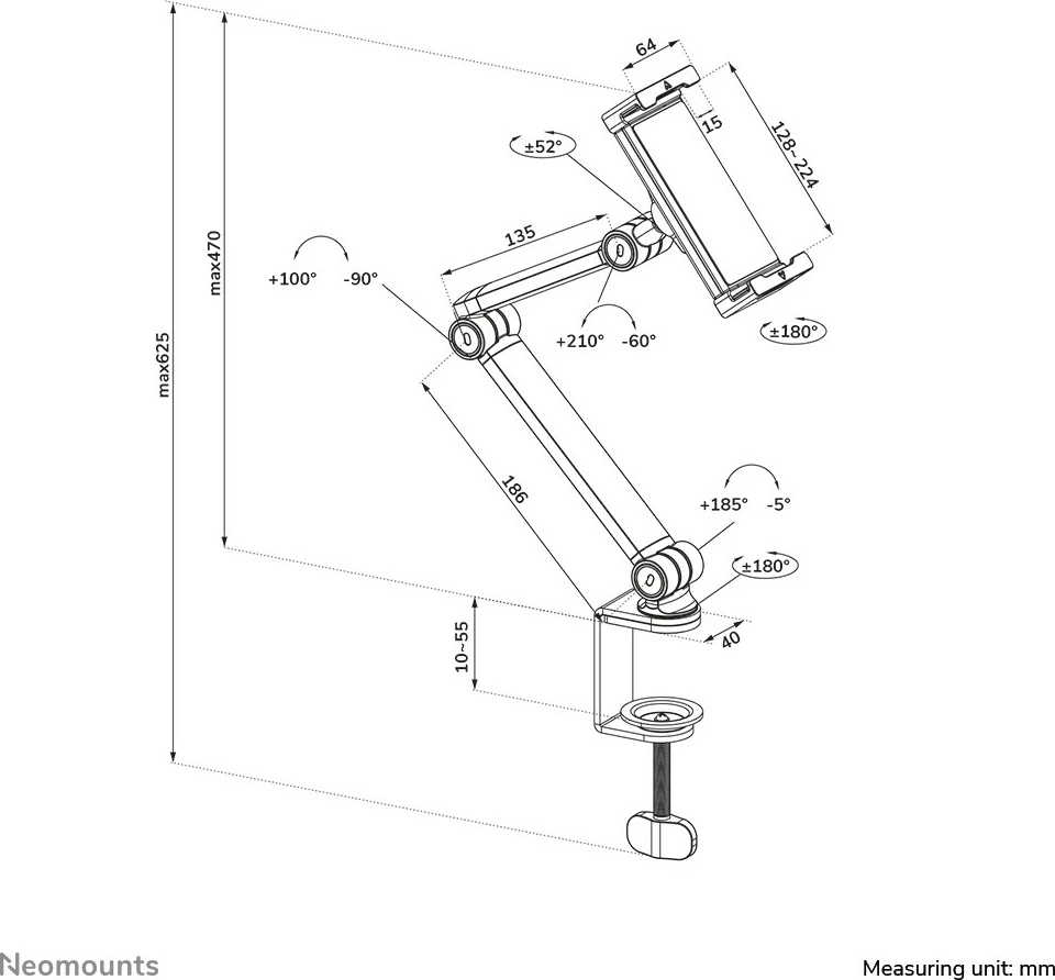 Mbajtës tavoline tabletë Newstar Neomounts, 3 pika rrotullimi, 4.7-12.9 inç, kapëse, e zezë
