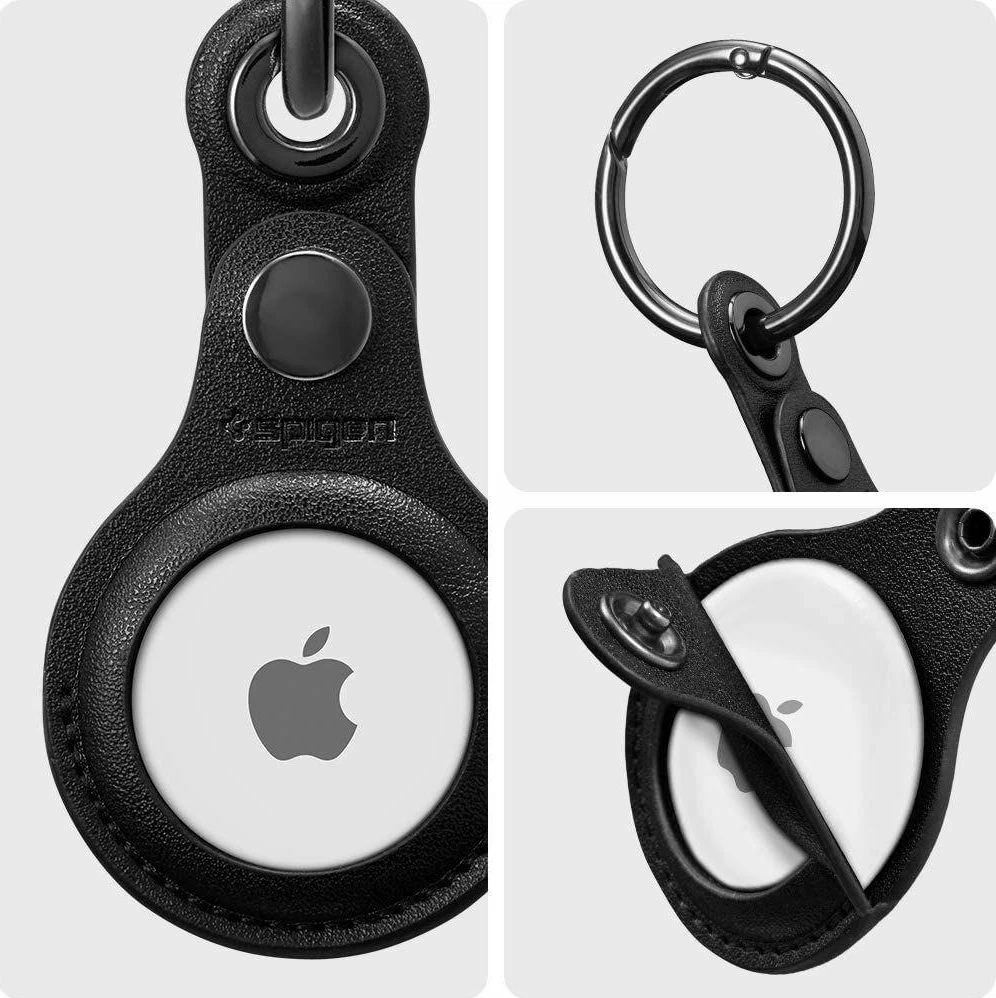 Mbështjellës me zinxhir për Apple AirTag Spigen Valentinus, lëkurë me karabinë çelik, zi, 1 copë