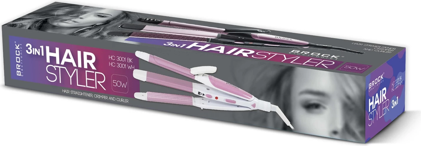 Stajler flokësh 3-në-1 Brock HC 3001 WH, 32 mm, 200°C, 50W, 1.8 m, rozë/bardhë