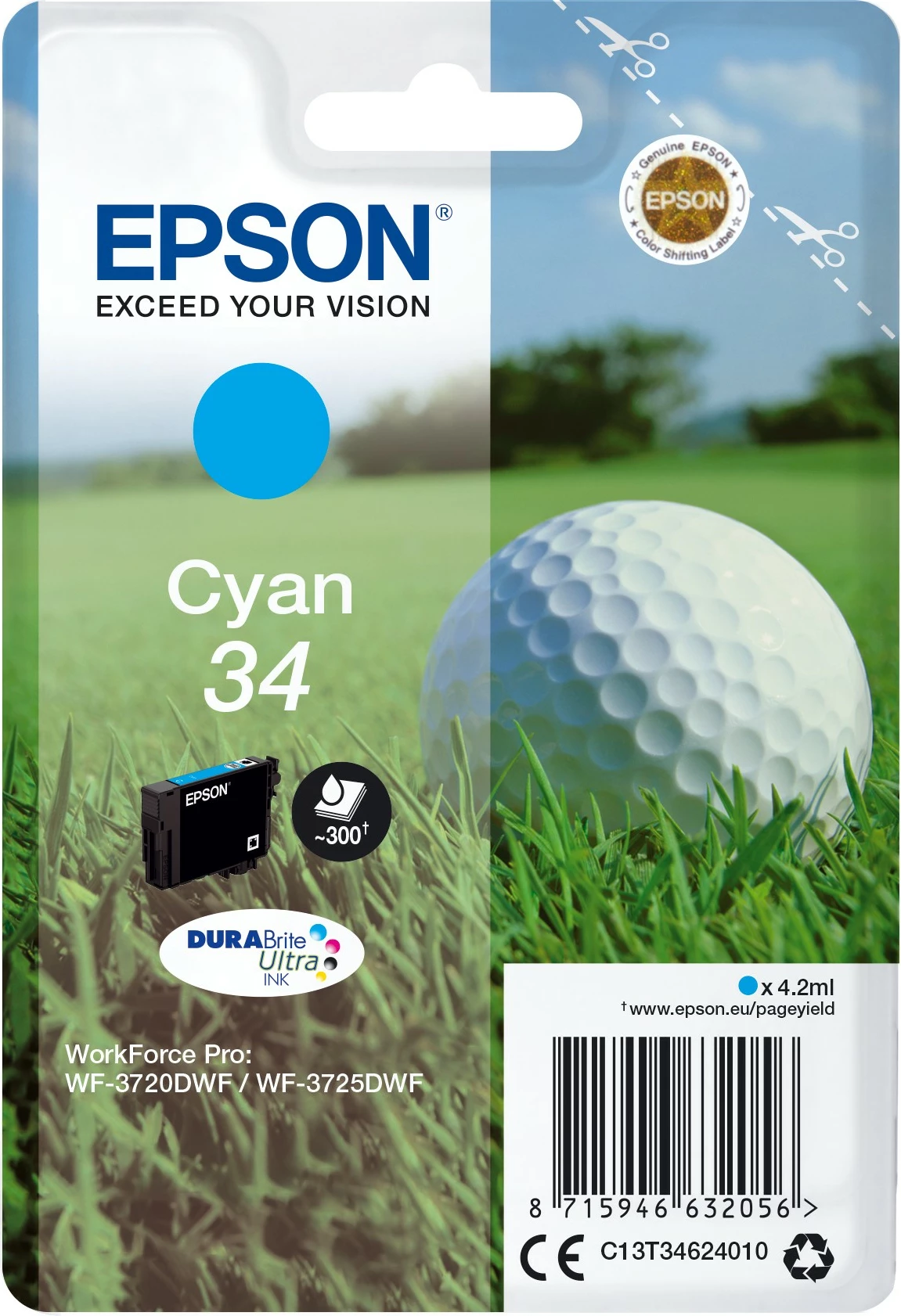 Toner Epson Golf ball Singlepack Cyan 34 DURABrite Ultra Ink, standard, 4.2ml, 1 copë, cyan