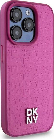 Mbështjellës DKNY Leather Monogram Pattern Metal Logo MagSafe për iPhone 15 Pro, Rozë