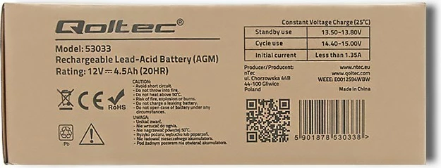 Bateri AGM Qoltec 53033, 4.5Ah, 12V, e zezë