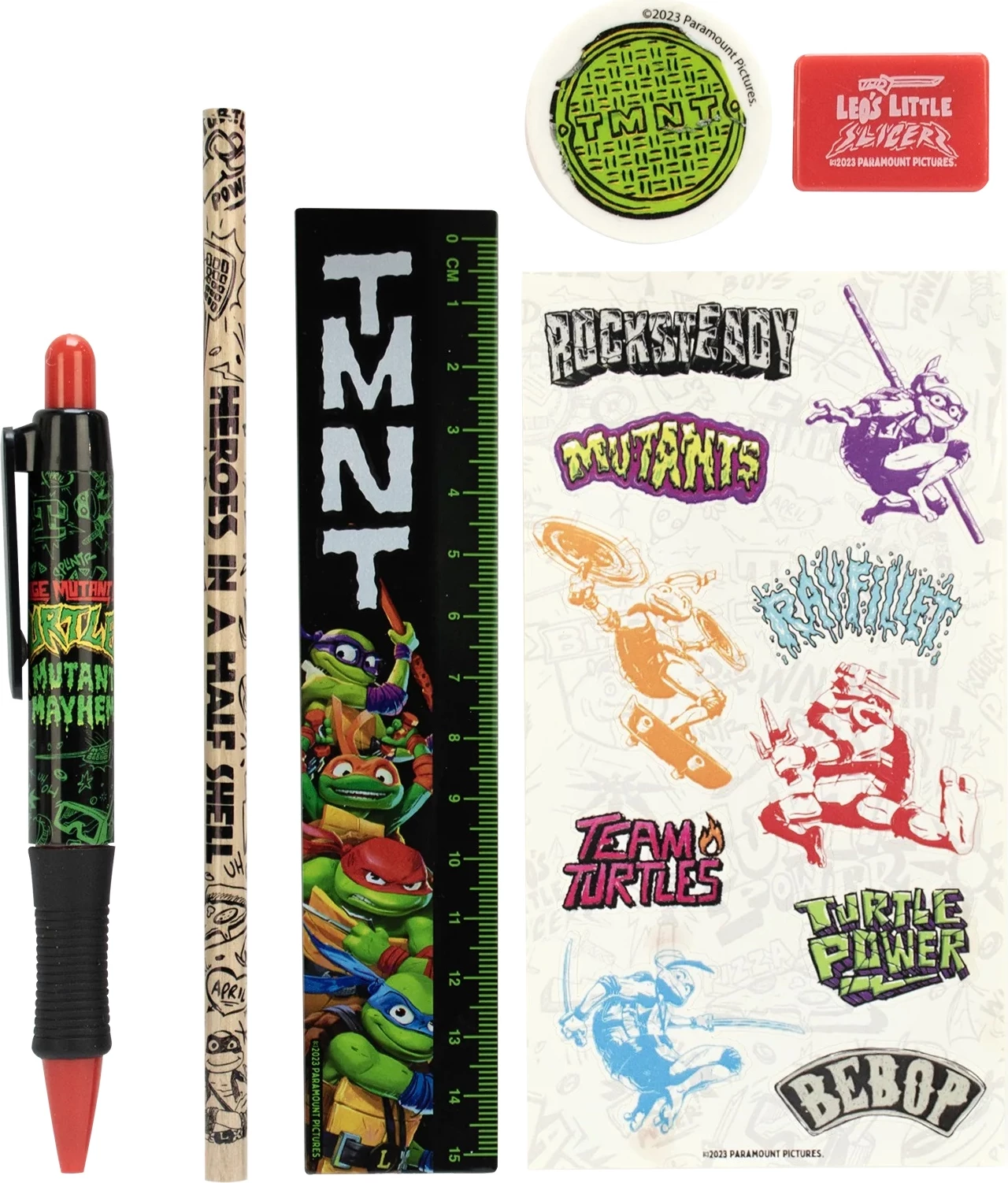 Set shkrimi BLUE SKY TMNT Mutant Mayhem, 5 copë (rregull, stilolaps, laps, mprehëse, gomë), me sticker