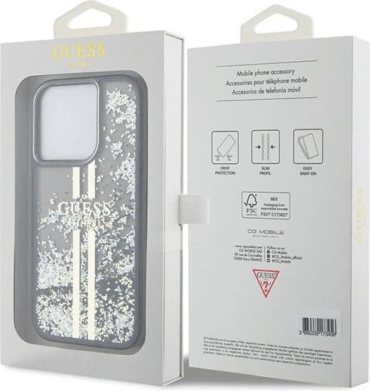 Mbështjellës Guess Liquid Glitter Gold Stripes për iPhone 15 Pro, i zi