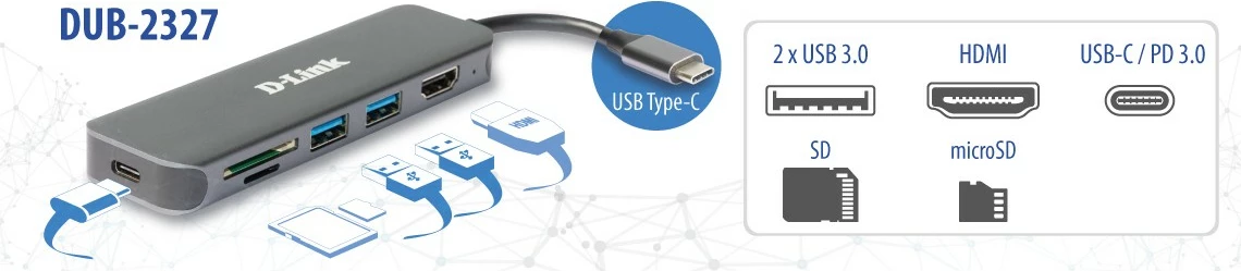 USB-C Hub D-Link DUB-2327, 6-në-1, HDMI, SD/microSD, 60W, gri