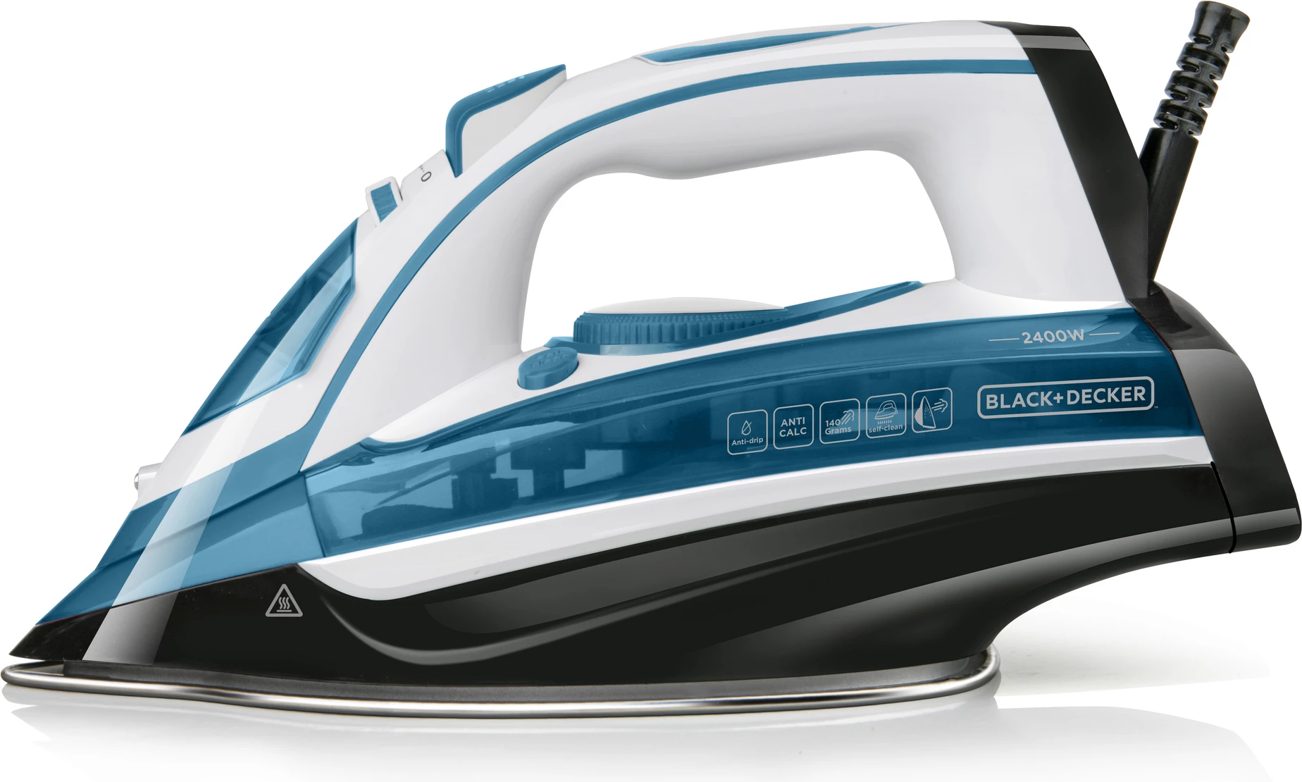 Hekur Black&Decker BXIR2402E 2400W me avull, pllakë çelik inox, anti-calc, anti-drip, Bardhë/Kaltër