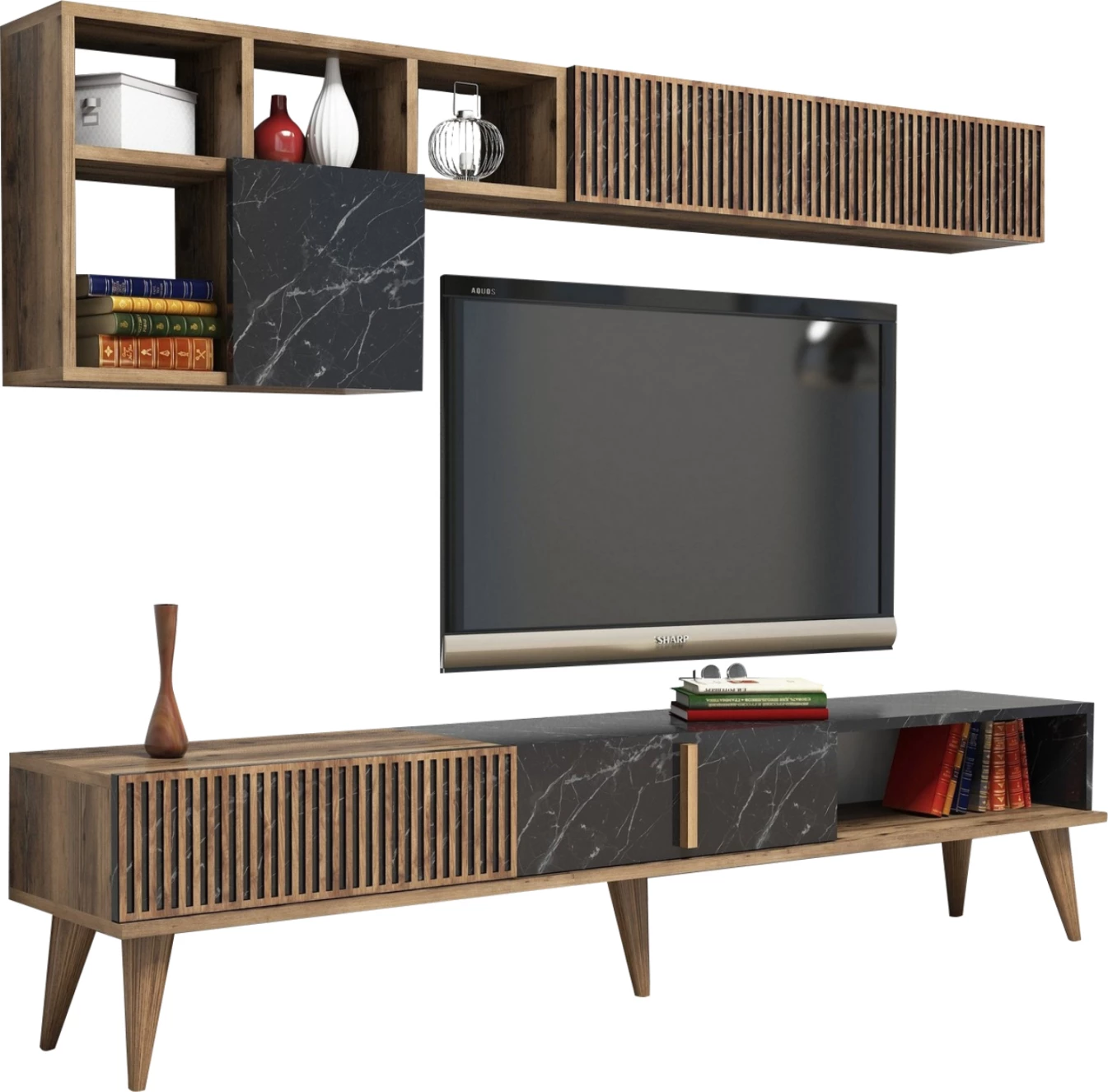 Set mobiljesh për TV, melaminë, ngjyrë arre dhe mermer të zi, FH9438.03, 180x35x40H cm