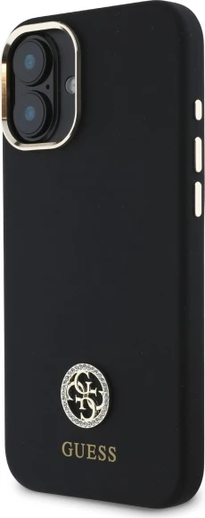 Mbështjellës Guess Silicone Logo Strass 4G për iPhone 16, i zi