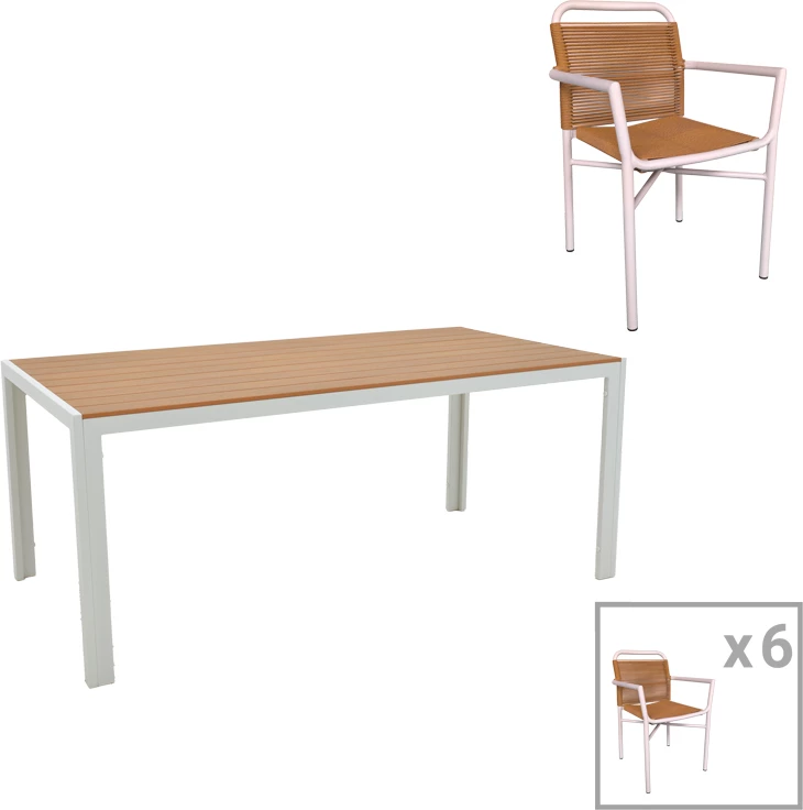 Tavolinë me karrige Nares-Clutch B set prej 7 FOLEJA ngjyrë bardhë alumini dhe kompensatë në hije natyrale 180x90x72.5cm