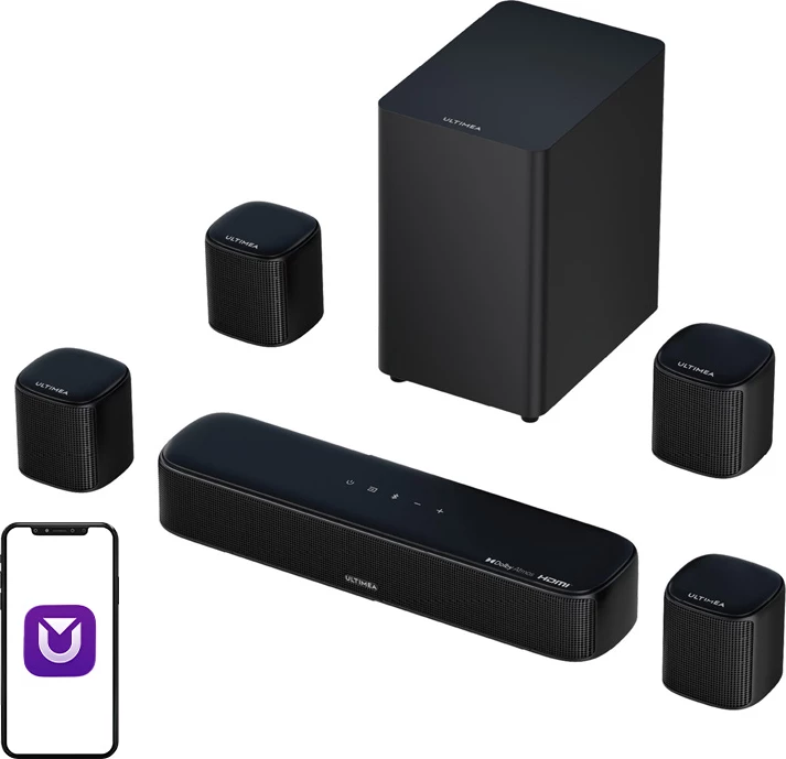 Soundbar Ultimea Aura A60 7.1 Dolby Atmos 350W Bluetooth 5.3, e zezë, set me subwoofer + 4 altoparlantë