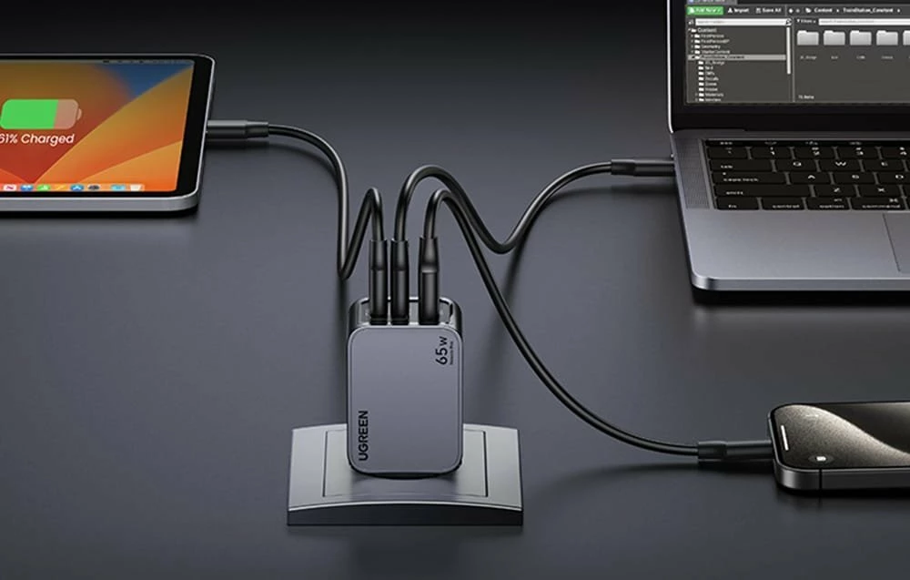 Karikues rrjeti Ugreen Nexode Pro UGR1833 65W, 2x USB-C + 1x USB-A, me kabllo USB-C 1.5m, i zi