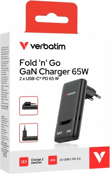 Karikues muri Verbatim Fold n Go 32354, GaN 65W, 2x USB-C PD 3.0/PPS, i zi