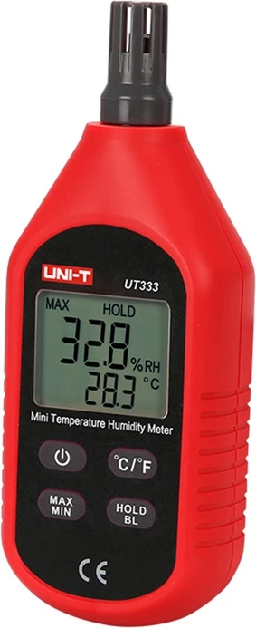 Matës temperature dhe lagështie, UNI-T UT333, diapazon -10°C–60°C dhe 0–100% RH, ekran me ndriçim, MAX/MIN, Data Hold