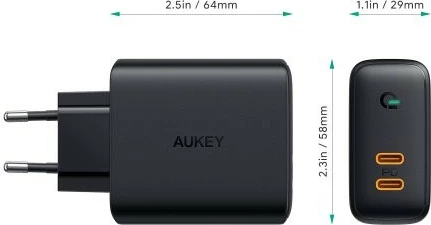 Karikues rrjeti AUKEY PA-D2, 2x USB-C PD 3.0, 36W, i zi