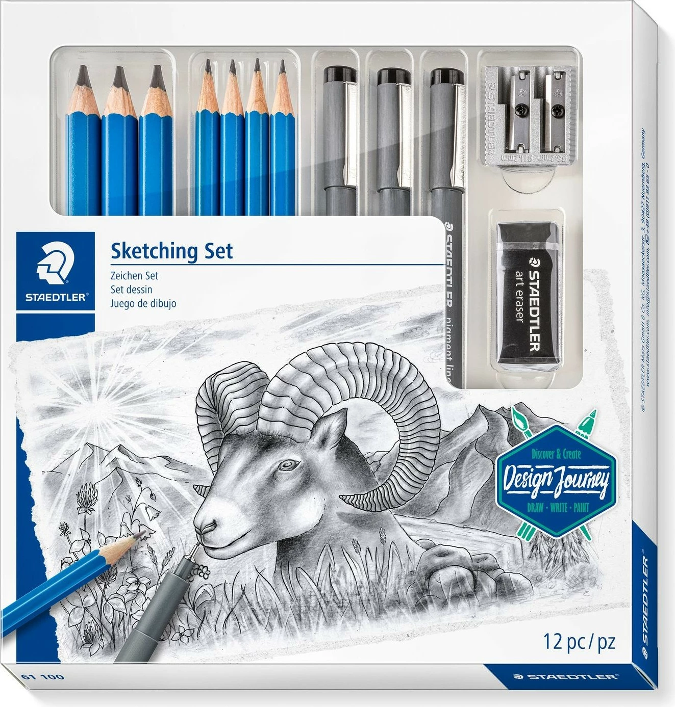 Set vizatimi STAEDTLER Gemischtes Zeichen Set, 7 copë, blu/gri