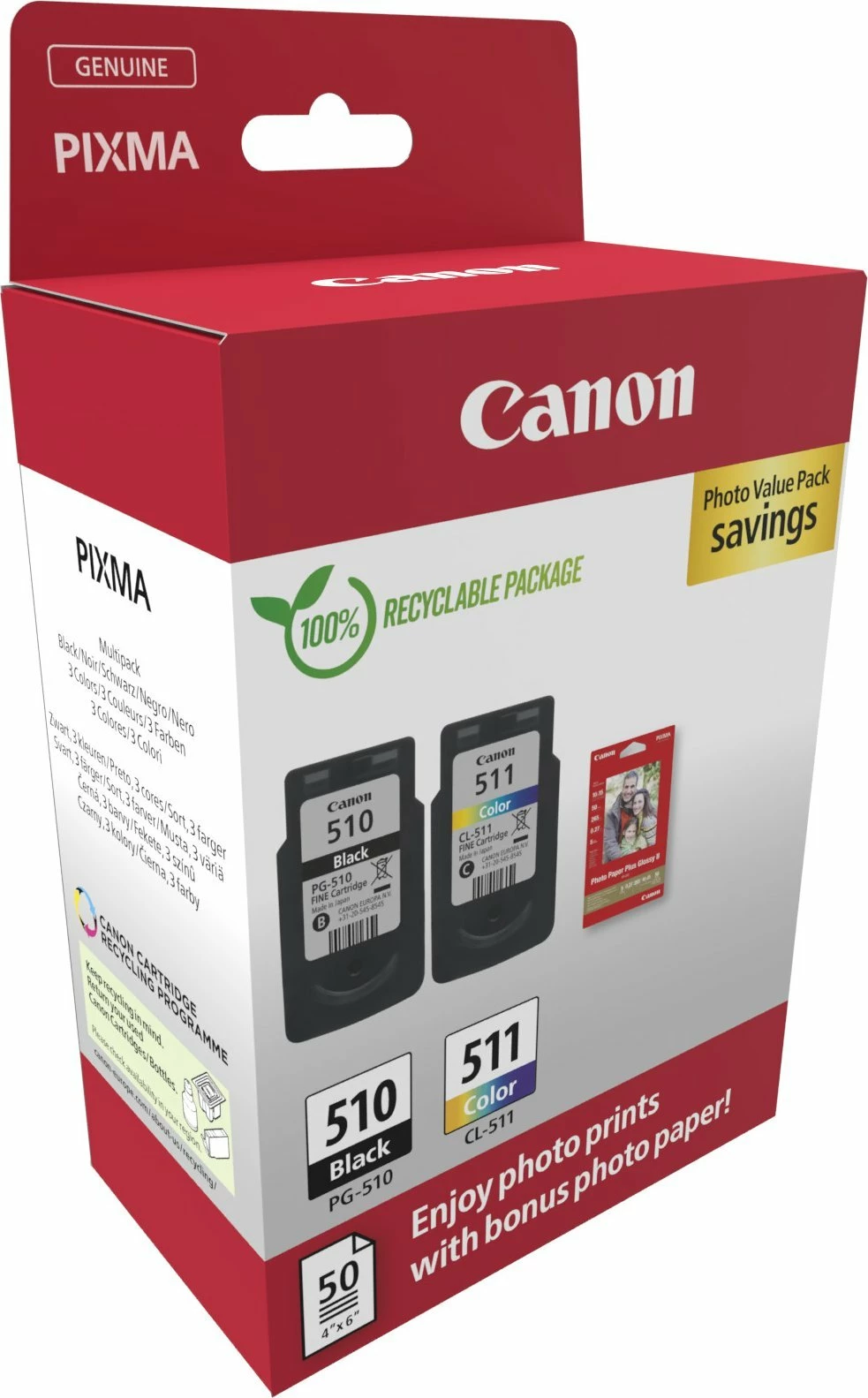 Set kartrixhe boje Canon PG-510/CL-511 Photo Value Pack, 1x Black + 1x Color, 50 fletë letër foto 10x15 cm, CMYK