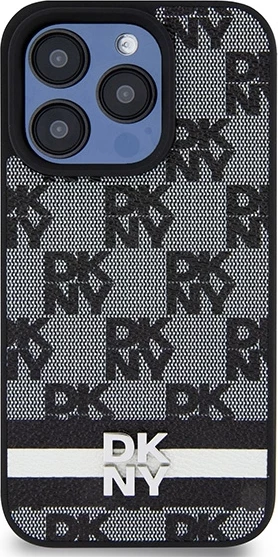 Mbështjellës DKNY Leather Checkered Mono Pattern & Printed Stripes për iPhone 15 Pro Max, e zezë