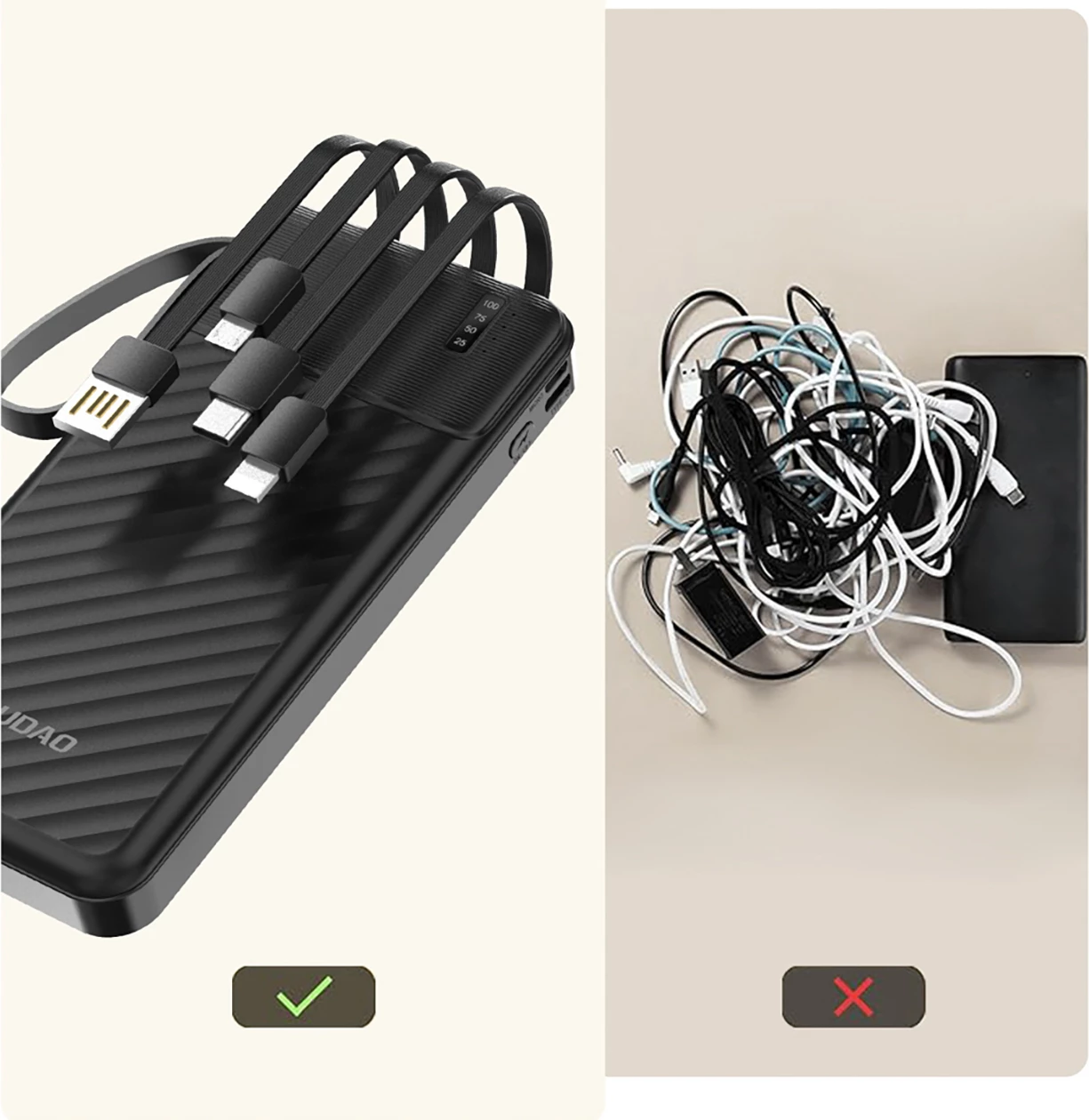 Powerbank Dudao K11, 10000 mAh, me kabllo të integruara, e zezë