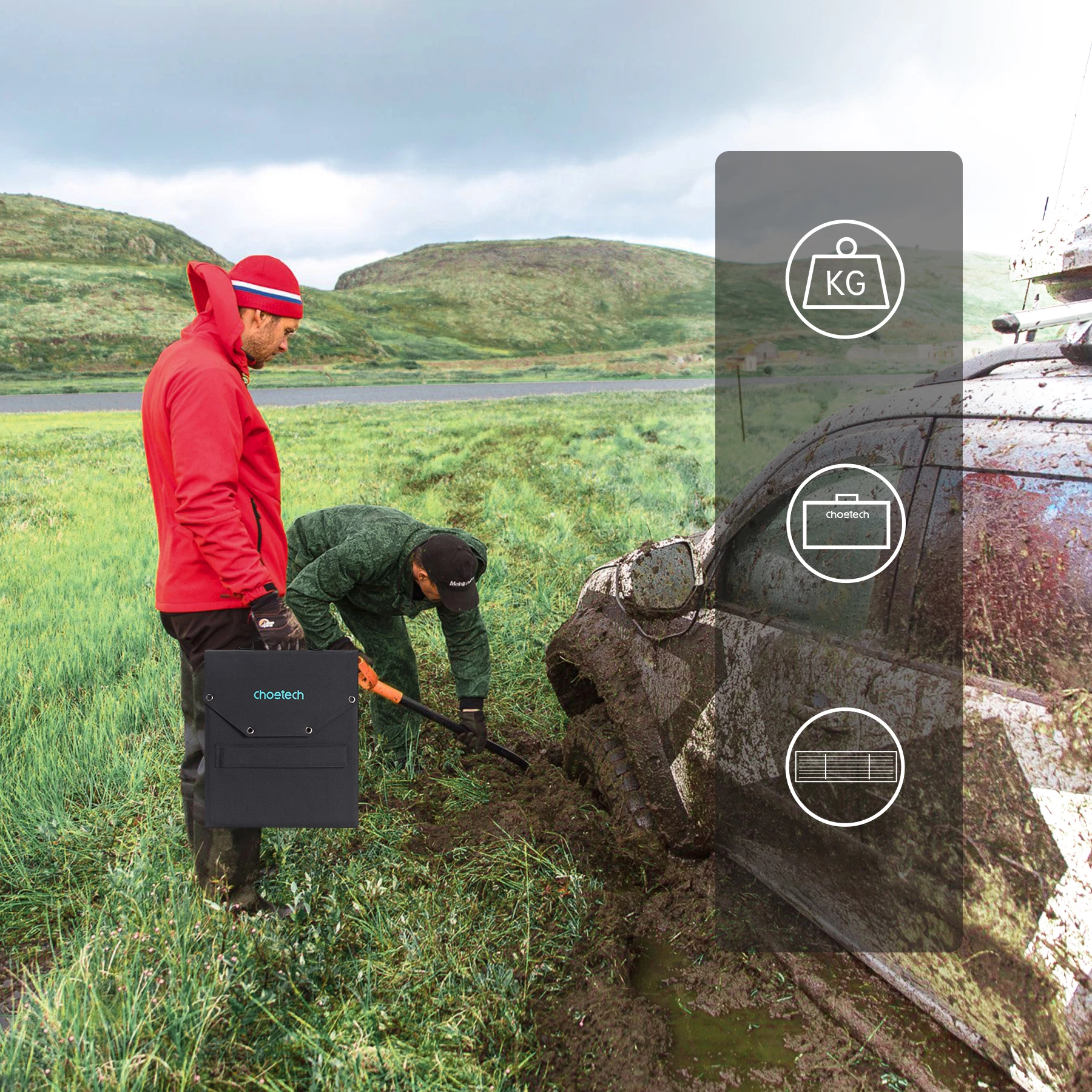 Karikues diellor i palosshëm Choetech SC009-V2, 100W, 2x USB-A, USB-C, i zi