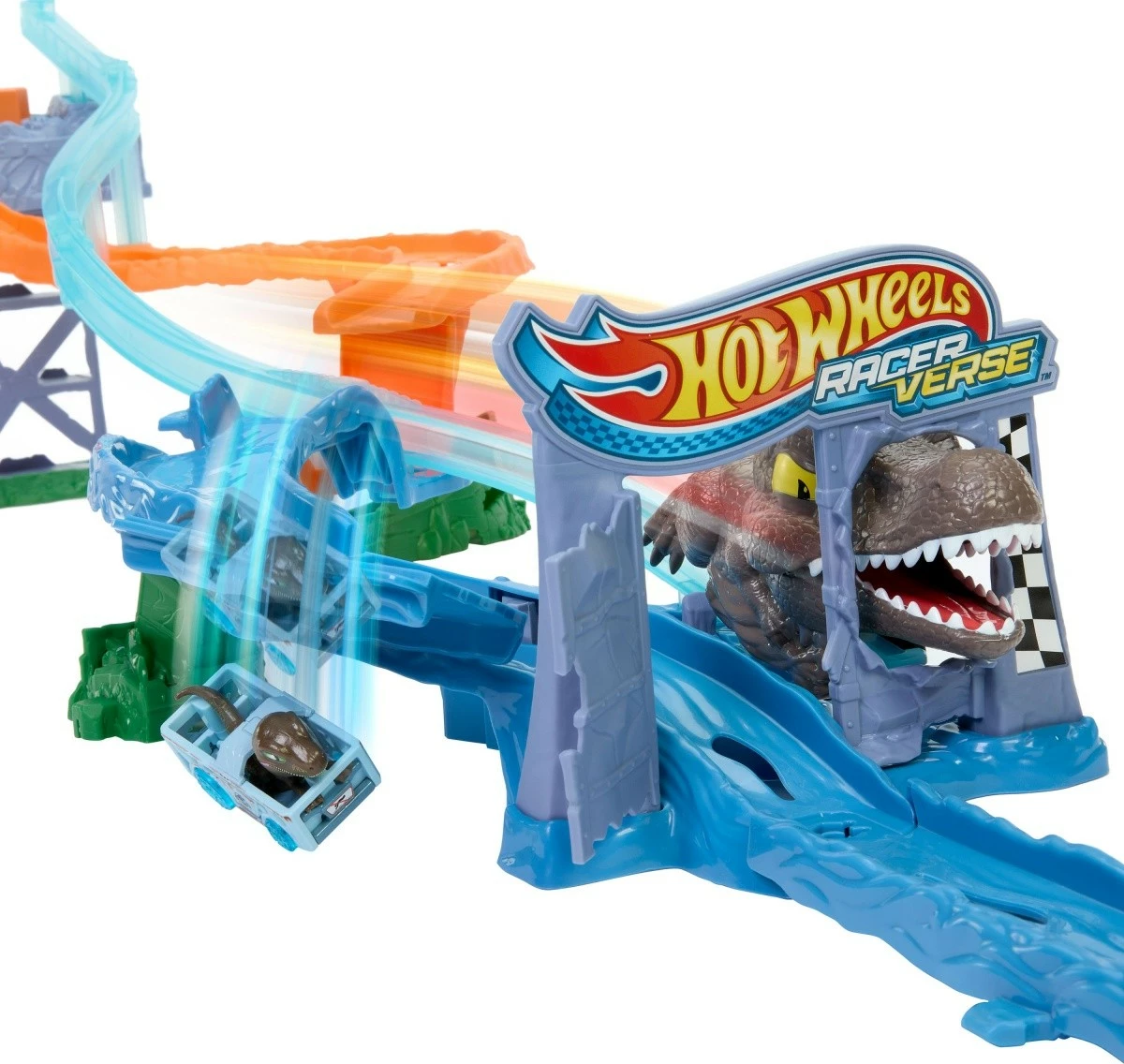 Set loje Hot Wheels RacerVerse Jurassic World Marine Dinosaur Chase Track, Velociraptor, shumëngjyrësh