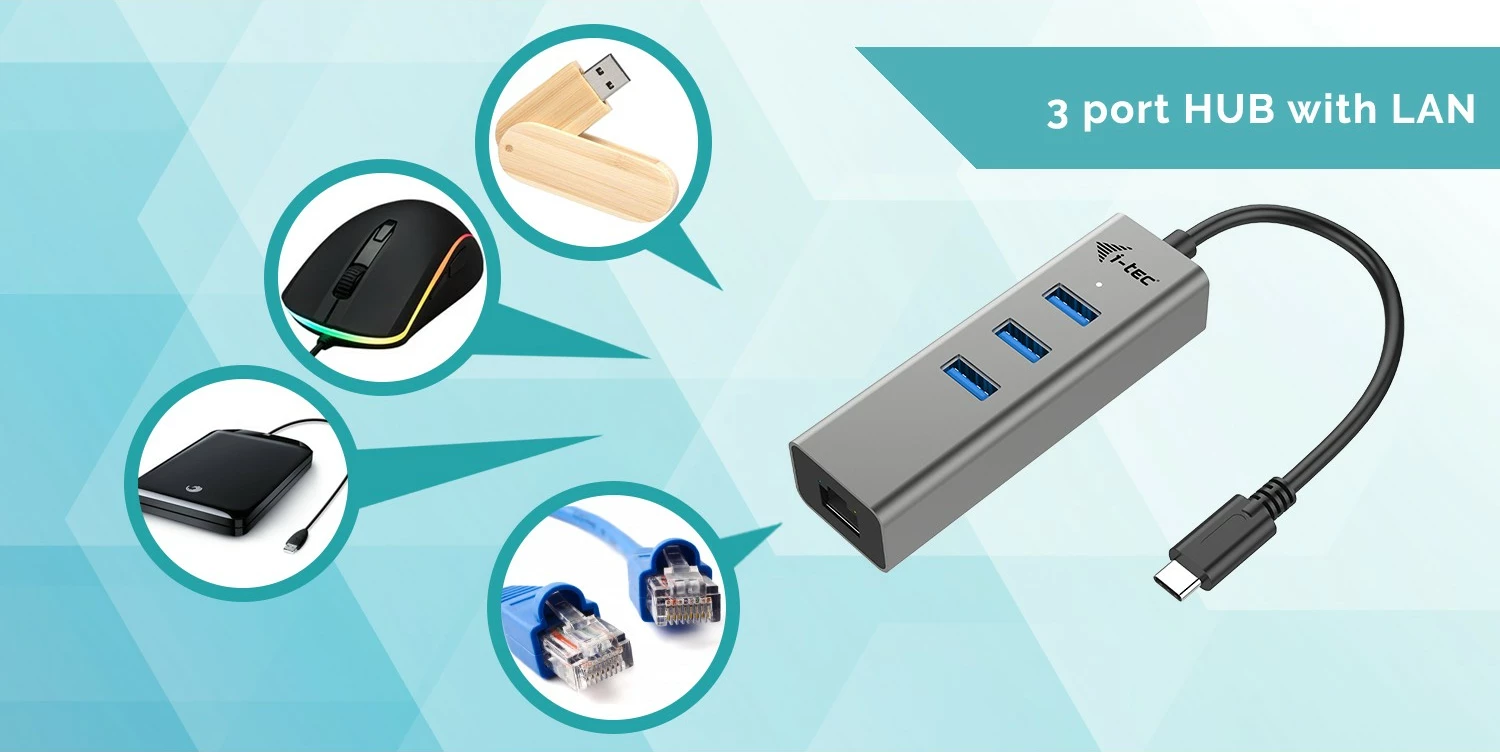 USB-C HUB I-Tec Metal 3 porta + Gigabit Ethernet, gri