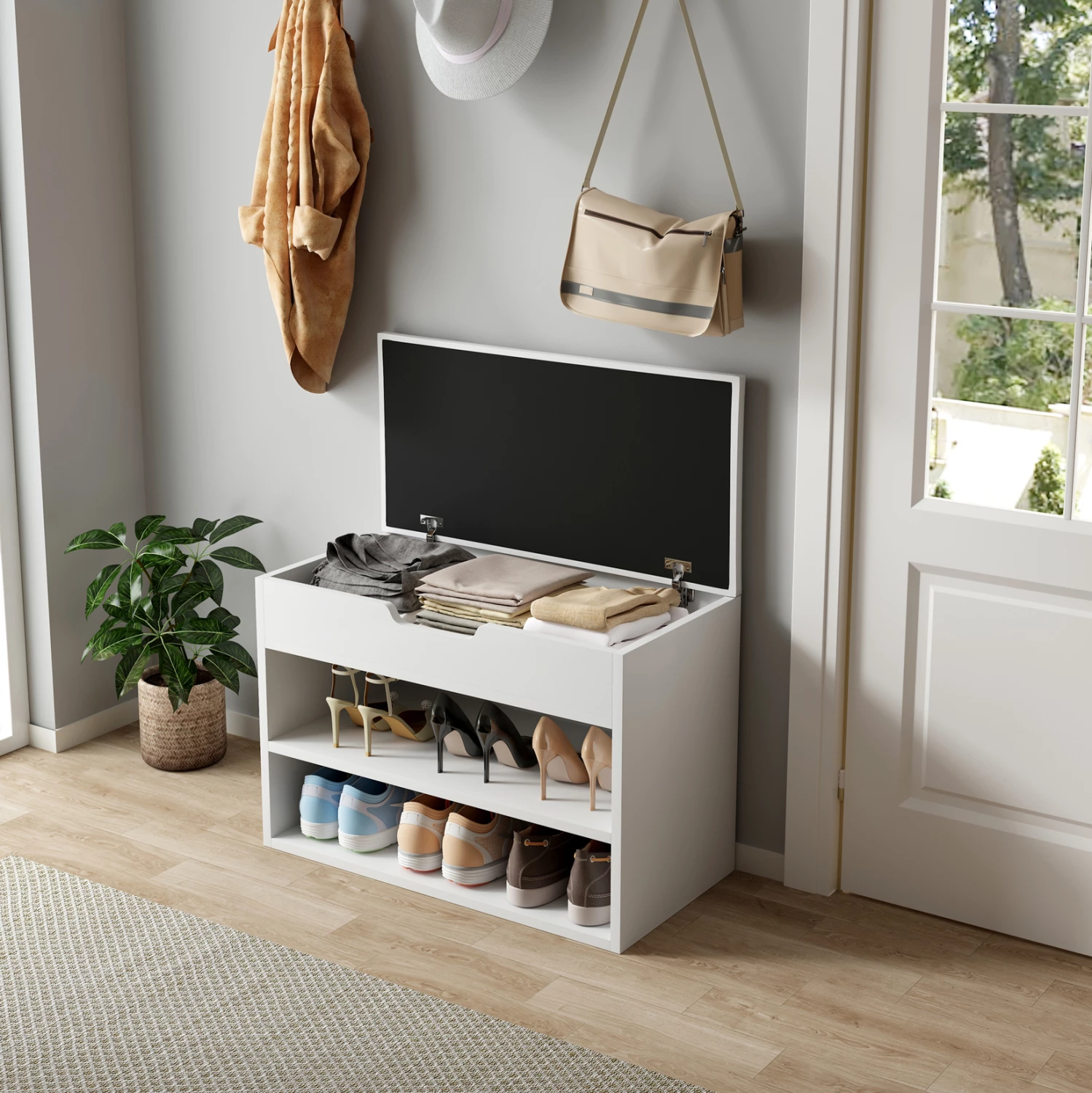 Raft këpucësh me ulëse, ROMIR FH2477.03, melaminë, ngjyrë bardhë-bardhë, 60x30x44H cm