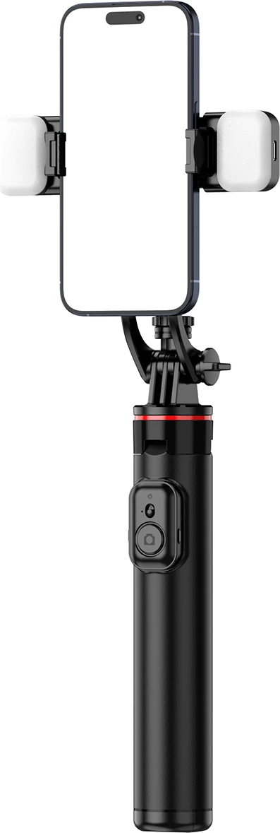 Selfie stick Hurtel WC12YDS tripod teleskopik me dy llampa, 1.3m, Bluetooth, i zi