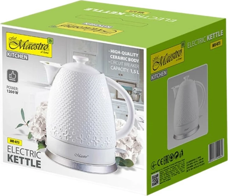 Çajnik elektrik Feel-Maestro MR-073, 1.5L, 1500W, qeramikë, Bardhë