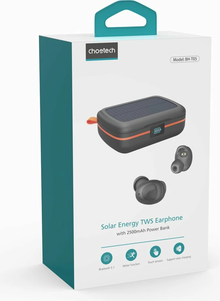 Kufje TWS Choetech BH-T05, wireless, me panel diellor dhe powerbank 2500mAh, të zeza