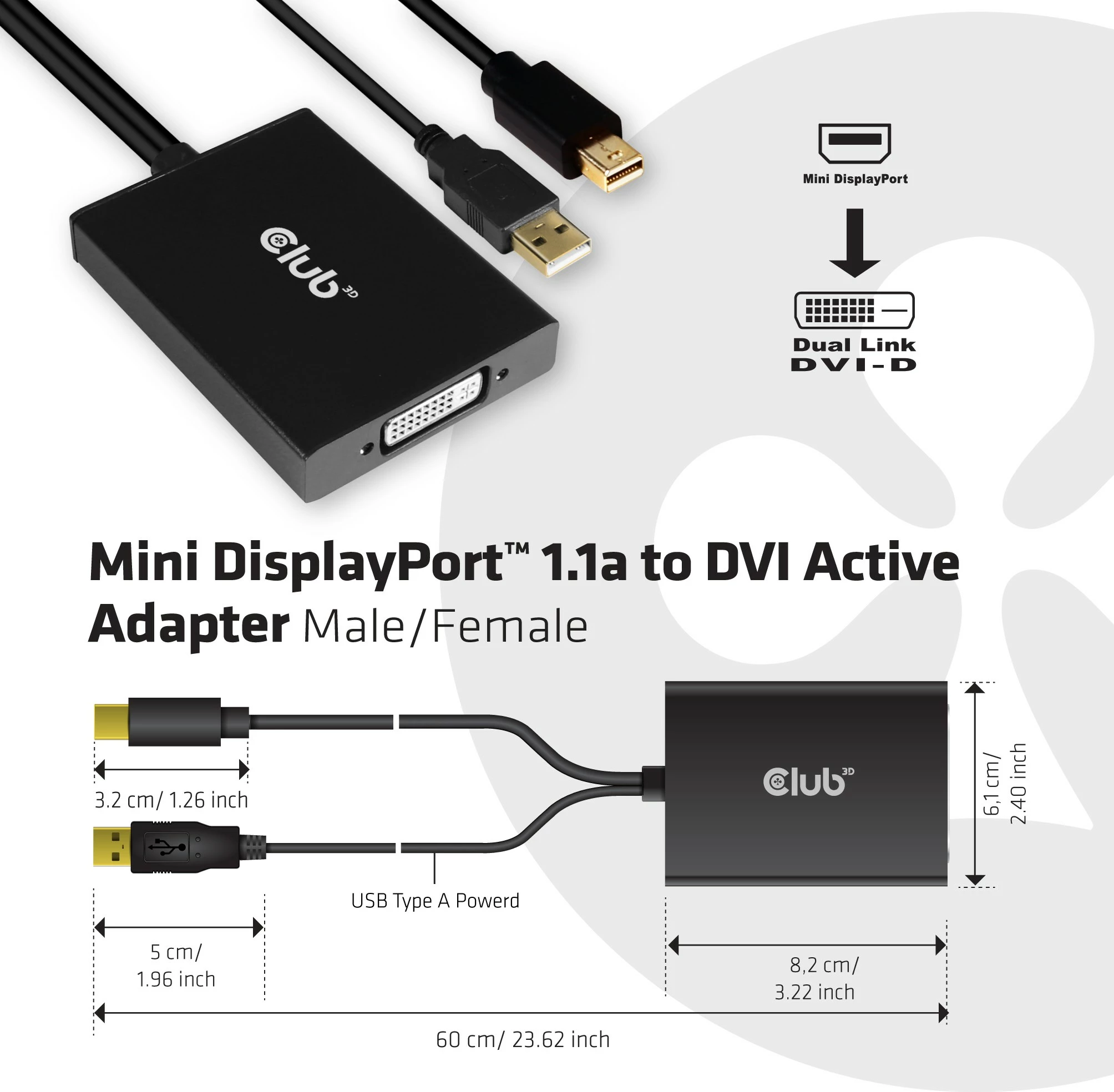 Adapter Mini DisplayPort në DVI-D Club3D, 0.6m, i zi