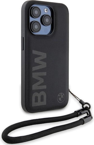 Mbështjellës BMW Signature Leather Wordmark Cord për iPhone 15 Pro, lëkurë, i zi