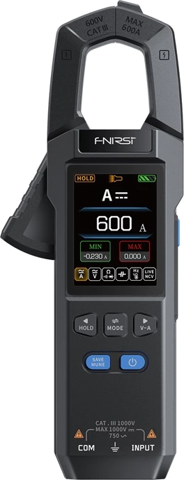 matës rryme me klempë dixhital, FNIRSI DMC-100, True RMS 10000 counts, AC/DC 600 A, NCV, TFT 2.0", USB‑C, set me kabllo e sondë temperature