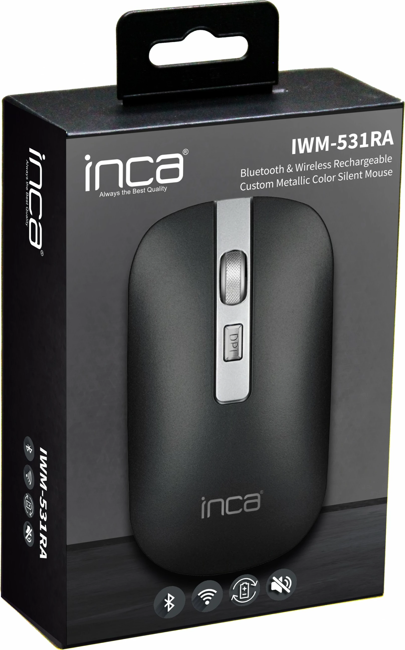 Maus Inca IWM-531RA wireless & Bluetooth, 4D butona, bateri rikarikueshme, ngjyrë metalike