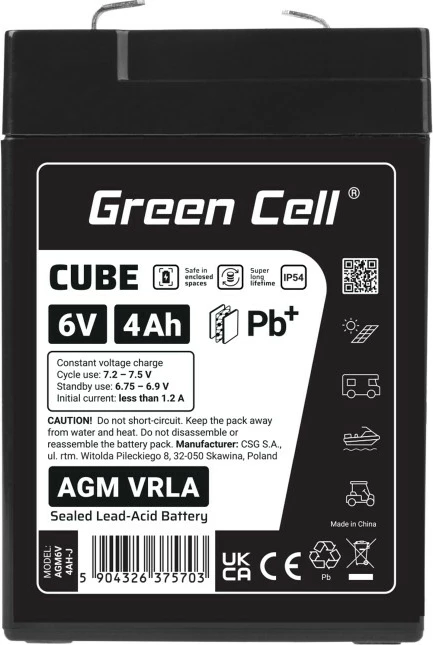 Bateri AGM VRLA, Green Cell, AGM6V4AH-J, 6V 4Ah, IP54, 101x70x47 mm, e zezë