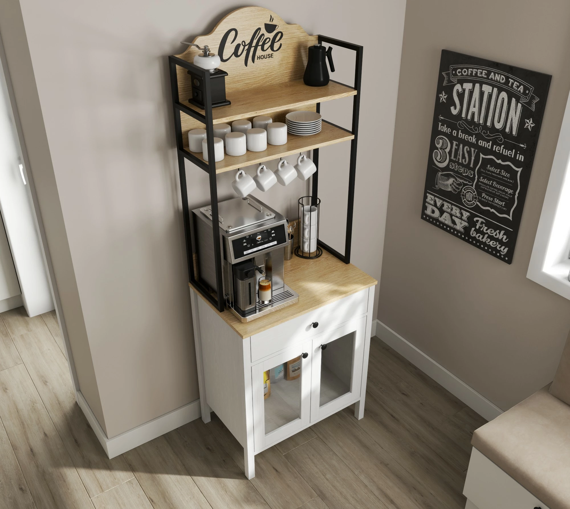 Dollap për kafe, ngjyrë druri dhe e bardhë, Hanah Home, FRN-20076