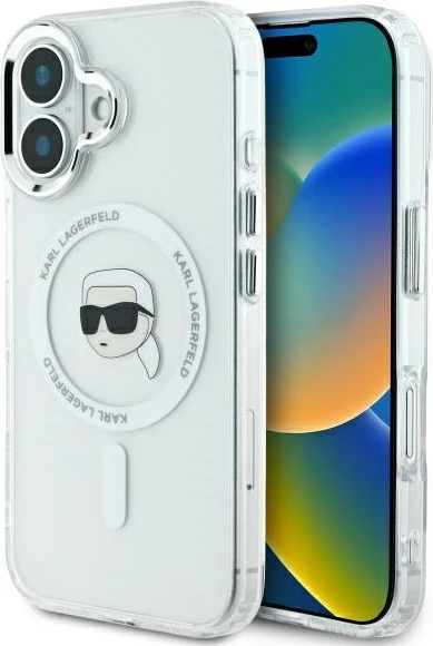 Mbështjellës Karl Lagerfeld IML Metal Karl Head MagSafe për iPhone 16 Plus, Bardhë